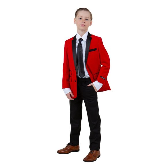 Boys 4pc Red Suit Set Slim-Fit w/ Tuxedo Look by Tazzio - Picture 3 of 4